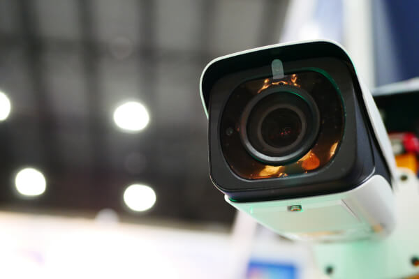 Close-up of a 4K commercial security camera lens