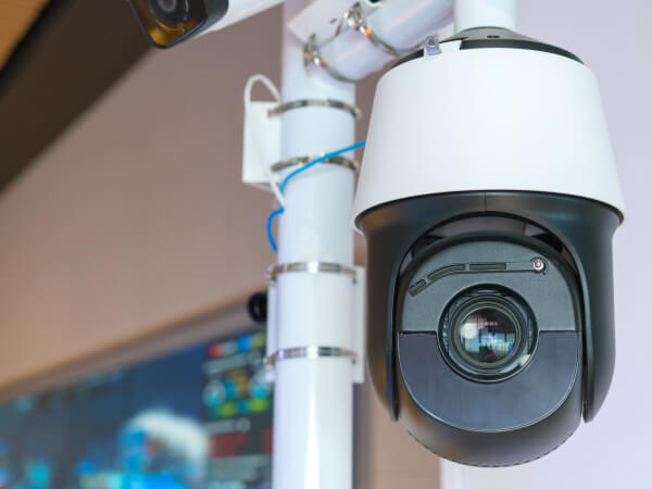 Close-up of a commercial PTZ security camera dome