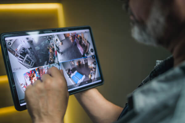 dallas-business-owner-controlling-security-system-tablet-img Business owner controlling the security system on a tablet at a Dallas business
