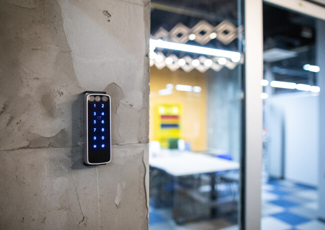 Cloud-based access control keypad at a Dallas office entrance